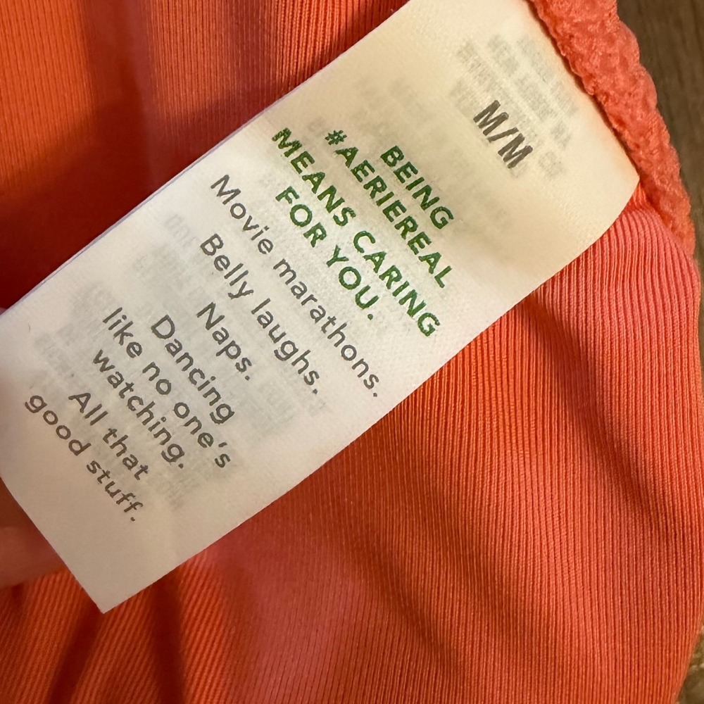 Aerie Triangle Bikini Top Womens Medium Coral Orange Textured Waffle Halter Swim - Picture 9 of 10
